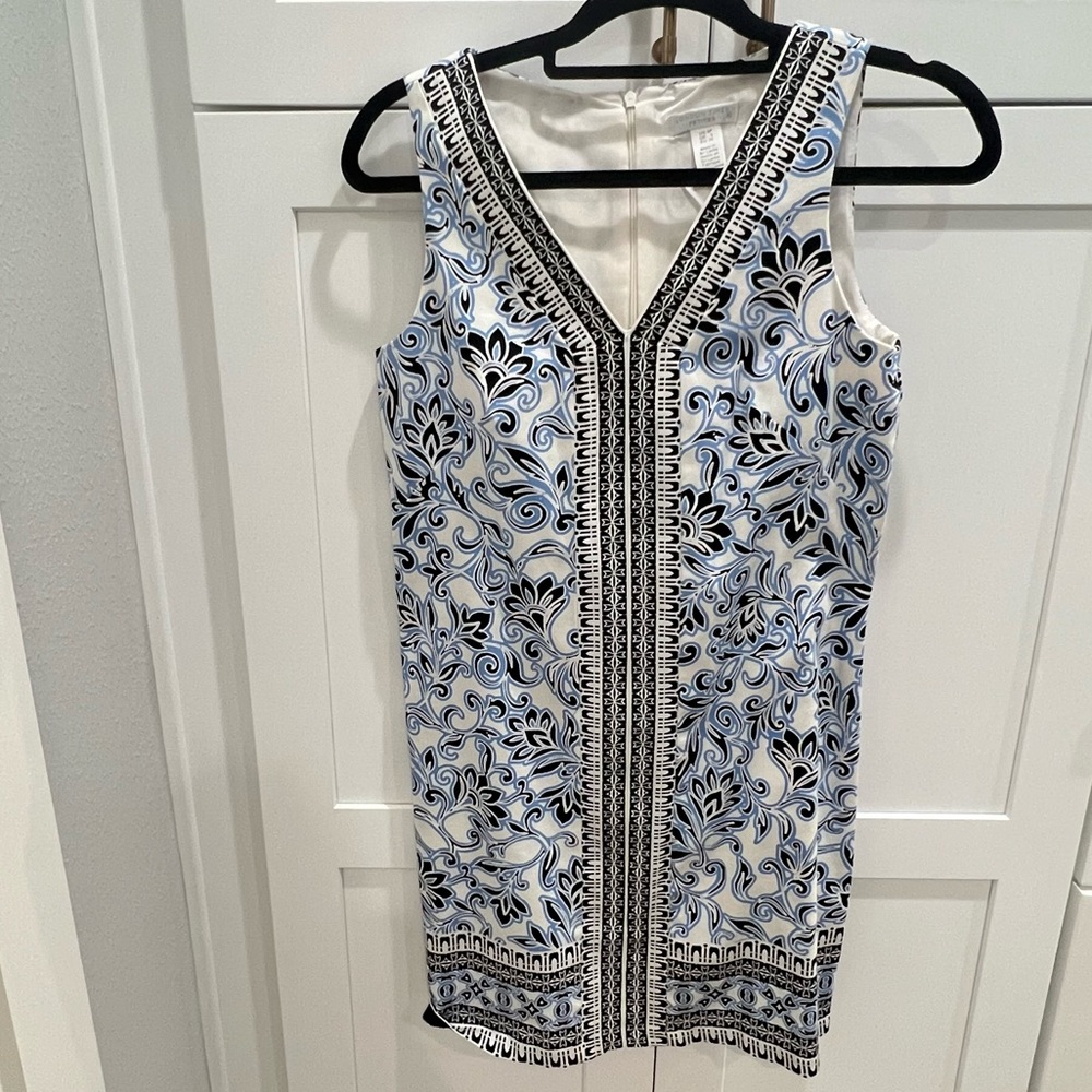 London Times Petite Shift Dress Sleeveless Blue White Floral Dress 4P NWOT